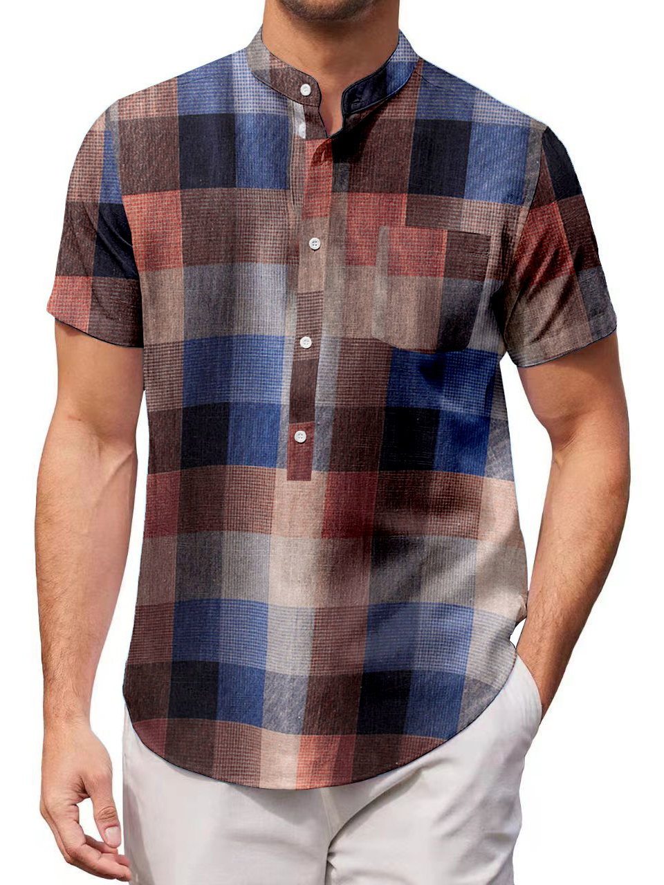 Men's Cotton Linen Casual Vacation Plaid Short Sleeve Shirt
